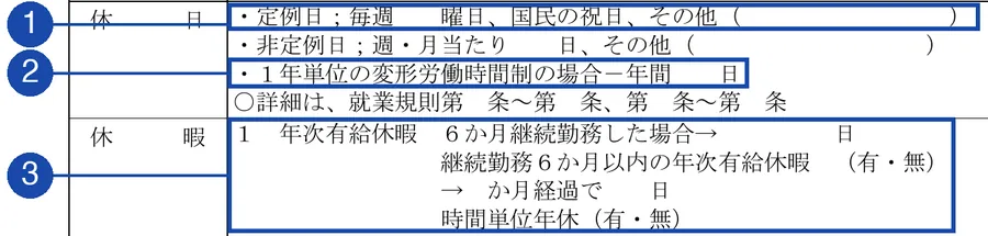 厚生労働省「労働条件通知書」(一般労働者用;常用、有期雇用型。令和8年10月1日以降の様式)1ページ目(休日・休暇の欄の一部)。番号の枠は、1が定例日(毎週◯曜日、国民の祝日、その他)の欄、2が1年単位の変形労働時間制の場合の、年間の休日の日数の欄、3が年次有給休暇の欄