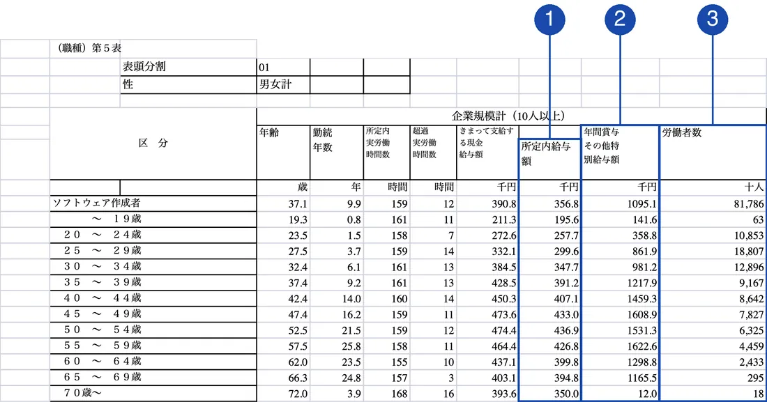 政府統計の総合窓口（e-Stat）「令和7年賃金構造基本統計調査 一般労働者 職種」第5表（ソフトウェア作成者の年齢階級別の行）